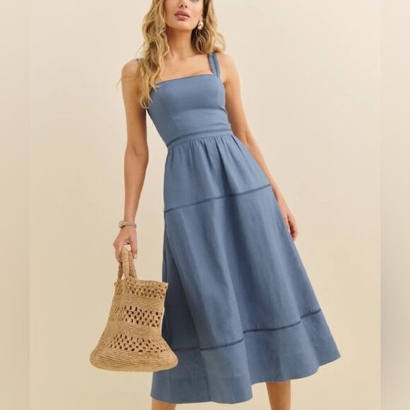NEW Reformation Everett Linen Midi Dress Cornflower Blue | US 2 UK 6 - Picture 2 of 14